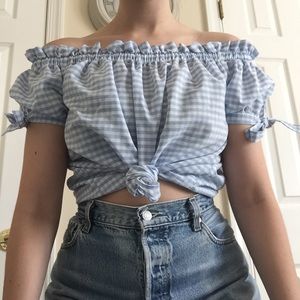 blue gingham off-the-shoulder top